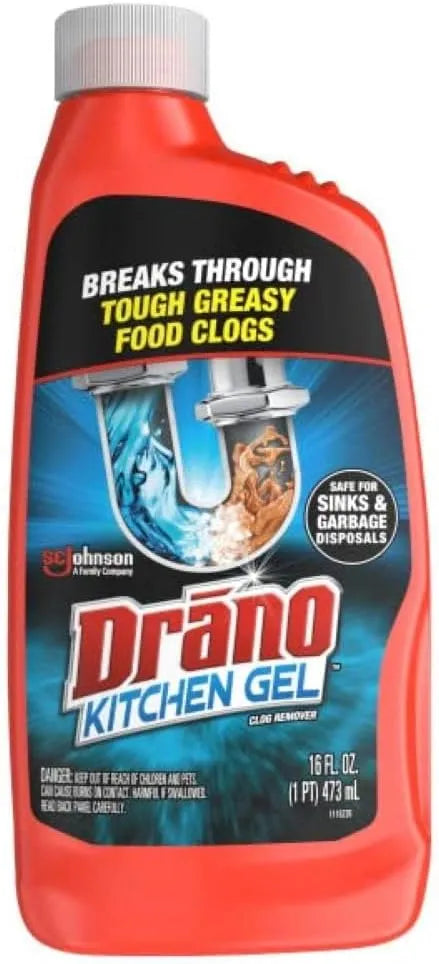 Drano Kitchen Gel Drain Clog Remover and Cleaner for Tough, Greasy Kitchen Clogs, Safe for Garbage Disposals, 16 oz