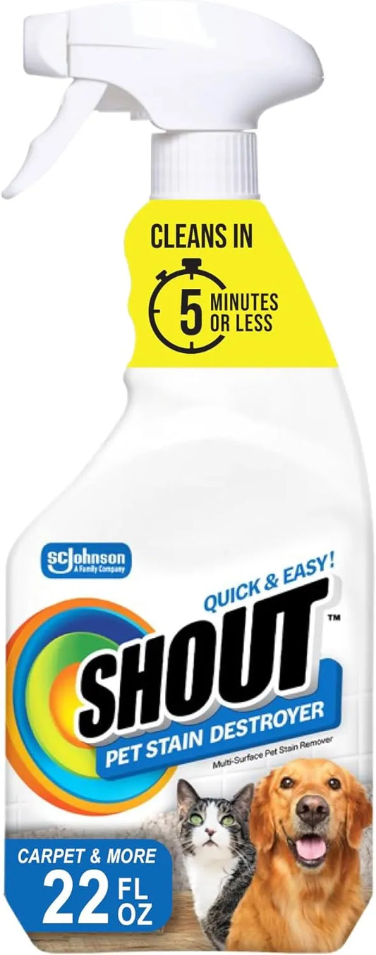 SHOUT Pet Stain Remover & Odor Fighter, Cleans Dog & Cat Urine, Vomit, 22oz