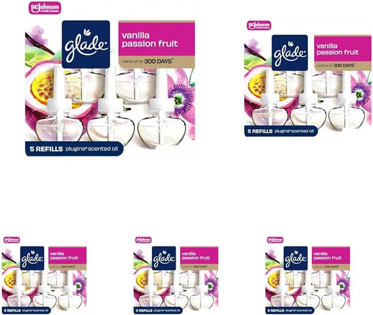 Glade PlugIns Refills Air Freshener, Scented and Essential Oils for Home and Bathroom, Vanilla Passion Fruit, 3.35 Fl Oz (5 Count) (Pack of 5)