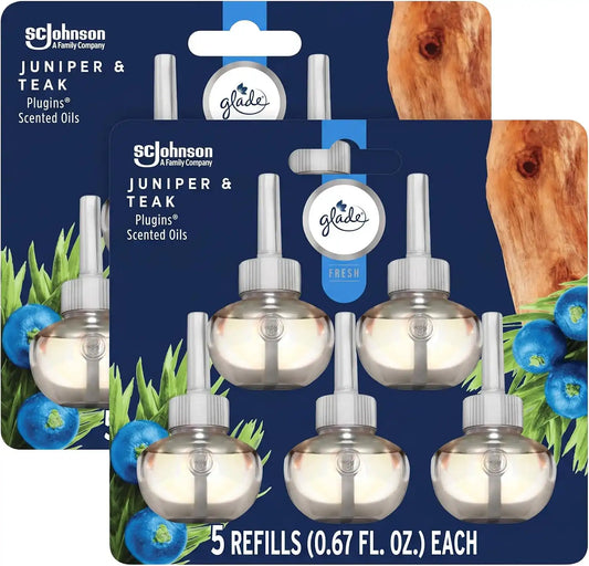 Glade PlugIns Refills Air Freshener, Scented and Essential Oils for Home and Bathroom, Juniper & Teak, Fresh Collection 3.35 Fl Oz,5 Count (Pack of 2)