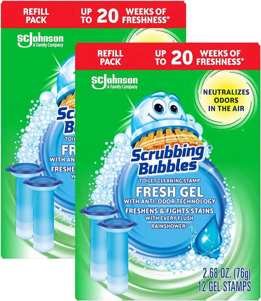 Scrubbing Bubbles Fresh Gel Toilet Bowl Cleaning Stamps Refills, Helps Keep Toilet Clean and Helps Prevent Limescale & Rings, Rainshower Scent, 12 Count (Pack of 6)