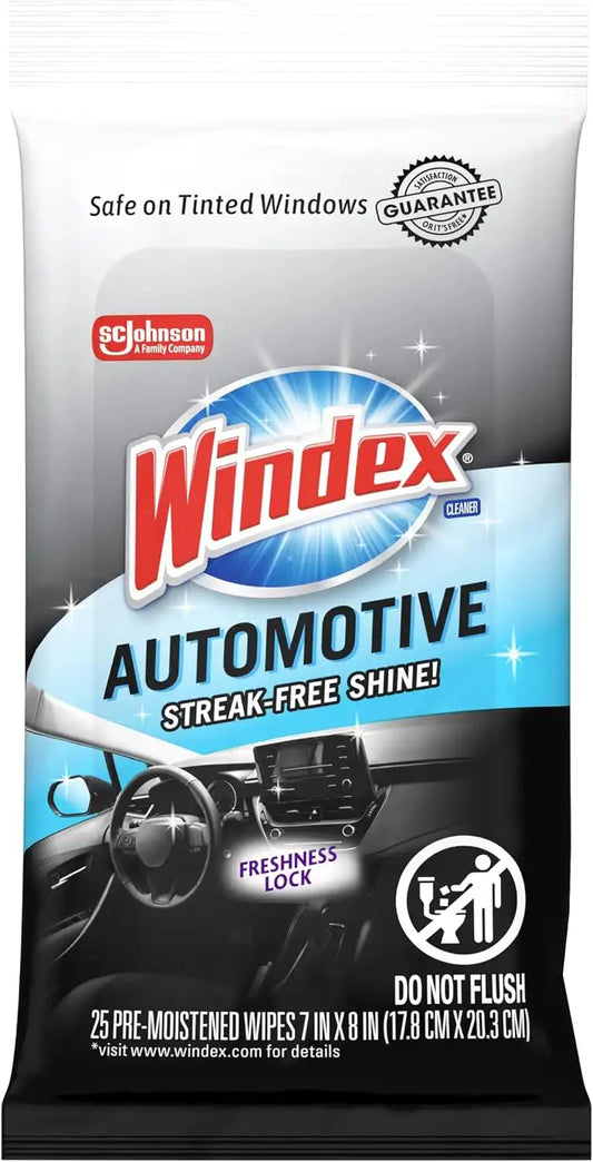 Windex Auto Wipes for Car Windows, Mirrors and Screens, Pre-Moistened Car Cleaner Wipes for Quick Streak-Free Shine, Guaranteed Safe for Tinted Windows and Electronics, 25 count (Pack of 1)