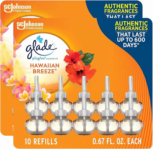 Glade PlugIns Refills Air Freshener, Scented and Essential Oils for Home and Bathroom, Hawaiian Breeze, 6.7 Fl Oz, 10 Count (Packaging May Vary) (Pack of 2)