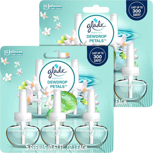 Glade PlugIns Air Freshener, Dewdrop Petals, Essential Oils | Refills | 0.67 Fl Oz | 5 Count | Pack of 2