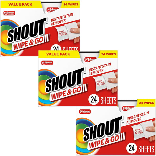 Shout Wipe & Go, Portable Instant Stain Remover Wipes, 24 Count, (3 Pack)