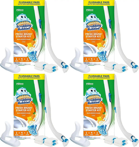 Scrubbing Bubbles Toilet Bowl Brush & Holder w/Cleaner Refill Pads,Fresh Brush Toilet Wand Starter Kit,Cleans Limescale & Fights Odors, Citrus Scent, 1 Wand + 4 Refills + 1 Stand, 1 Count (Pack of 4)