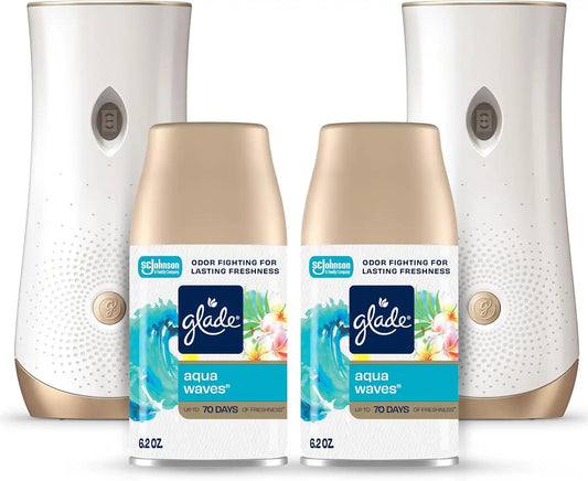 Glade Automatic Spray Refill and Holder Kit, Air Freshener for Home and Bathroom, Aqua Waves, 6.2 Oz, 2 Count (Pack of 2)