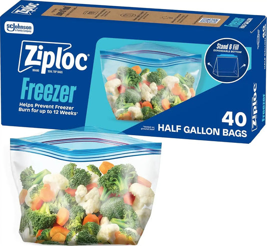 Ziploc Half Gallon Freezer Bags, Food Storage, Easy Open & Close, 40 Count