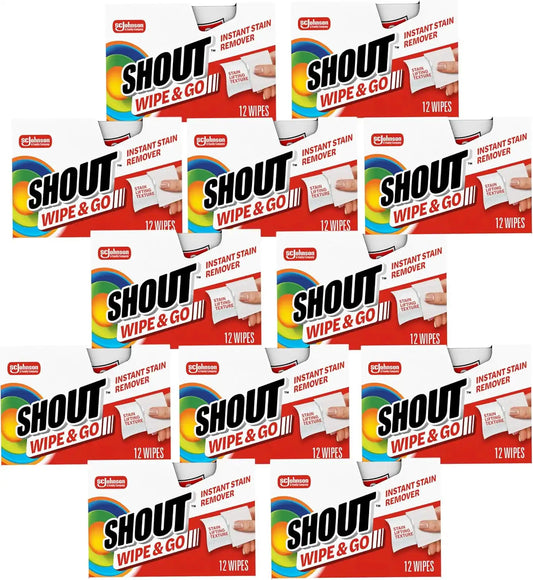Shout Wipe & Go Instant Stain Remover Wipes, No Wash Required, Safe on Colorfast Washables, Travel & Baby Diaper Bag Essentials, Removes Grass, Coffee, Makeup & More, 12 Wipes (Pack of 12)