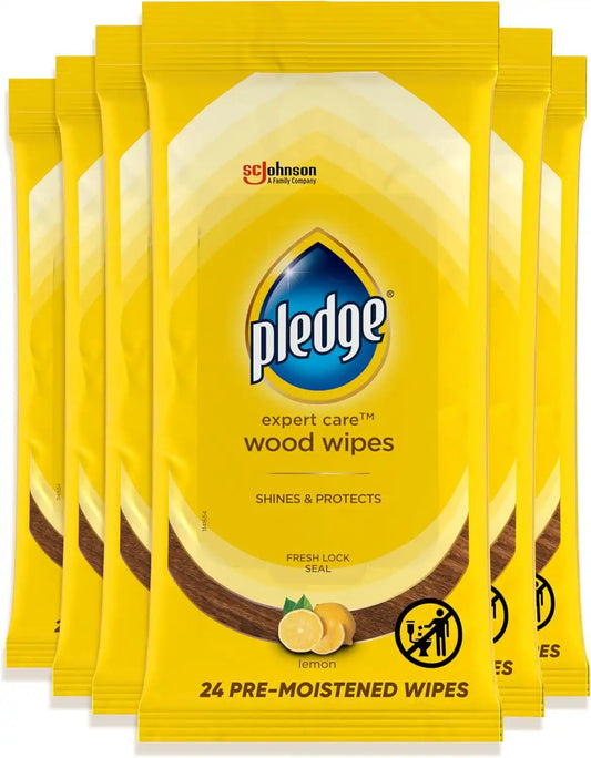 Pledge Pre-Moistened Wood Furniture Wipes, Lemon, 144 Total Count, (6-Pack)