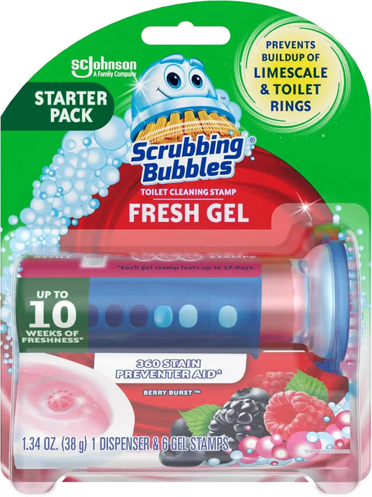 Scrubbing Bubbles Fresh Gel Toilet Bowl Cleaning Stamps, Helps Keep Toilet Clean and Helps Prevent Limescale & Rings, Berry Burst Scent, 1 Dispenser with 6 Fresh Gel Stamps (Pack of 6)