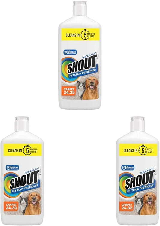 SHOUT Pet Stain Remover, Color-Safe Rug, Upholstery & Carpet Cleaner Solution for Dog & Cat Urine, Feces, Vomit & Mud, Fights Odors & Remarking, Fast-Acting Cleans in 5 Minutes or Less, 24.3oz