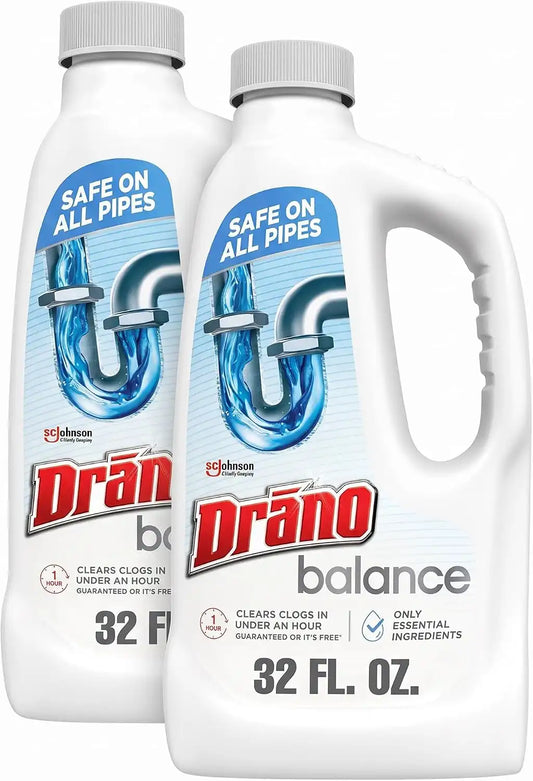 Drano Balance Drain Clog Remover and Cleaner, Non-Corrosive Formula, Safe on All Pipes and Septic Tanks, Formulated Using Only Essential Ingredients, 32 Fl Oz (Pack of 2)