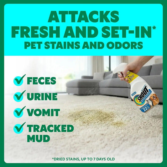 Shout Pet Stain Remover Spray, Color-Safe Multisurface & Carpet Cleaner Solution for Dog & Cat Urine, Feces, Vomit & Mud, Fights Odors & Remarking, Fast-Acting Cleans in 5 Minutes or Less, 22oz