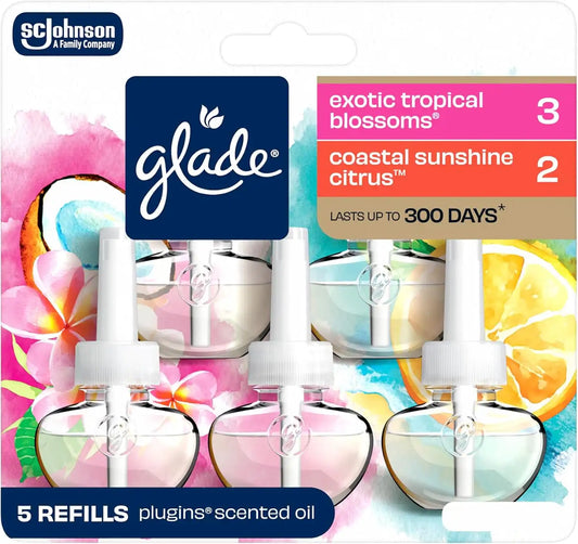 Glade PlugIns Refills Air Freshener, Exotic Tropical Blossoms™ and Coastal Sunshine Citrus™, 1.34oz., 5 count