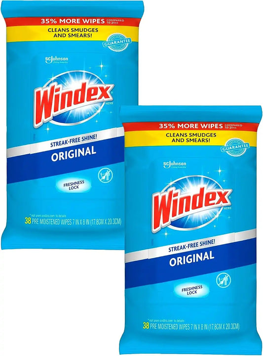 Windex Wipes Glass Cleaning, Pre-Moistened Glass and Surface Wipes to Clean Home Surfaces, Household Essentials, Original Scent, 38 Count (Pack of 12)