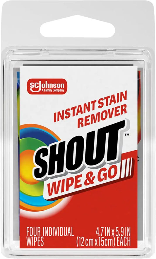 Shout Wipe & Go Instant Stain Remover Wipes, No Wash Required, Safe on Colorfast Washables, Travel & Baby Diaper Bag Essentials, Removes Grass, Coffee, Makeup & More, 4 Wipes (Pack of 1)