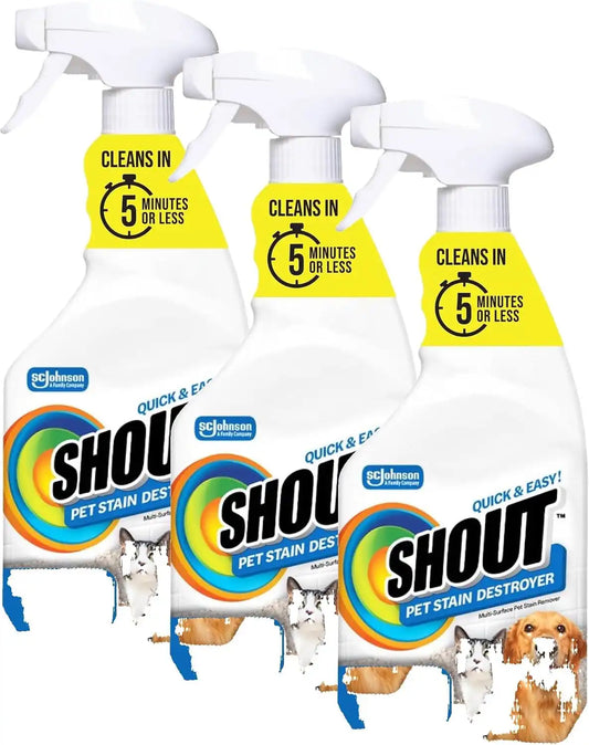 Shout Pet Stain Remover Spray, Color-Safe Multisurface & Carpet Cleaner Solution for Dog & Cat Urine, Feces, Vomit & Mud, Fights Odors & Remarking, Fast-Acting Cleans in 5 Minutes or Less, 22oz