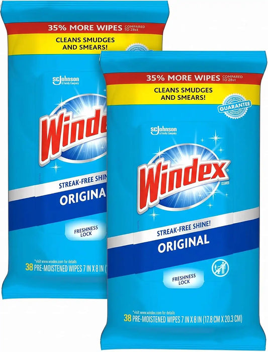 Windex Wipes Glass Cleaning, Pre-Moistened Glass and Surface Wipes to Clean Home Surfaces, Household Essentials, Original Scent, 38 Count (Pack of 2)