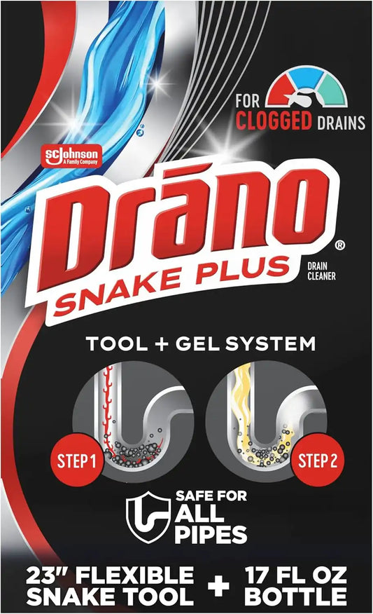 Drano Gel Drain Clog Remover and Cleaner 16oz and Snake Plus Tool 16 inches, Unclogs Tough blockages, Commercial Line