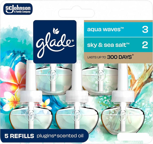 Glade PlugIns Air Freshener Refills, Aqua Waves and Sky & Sea Salt, 5 Count