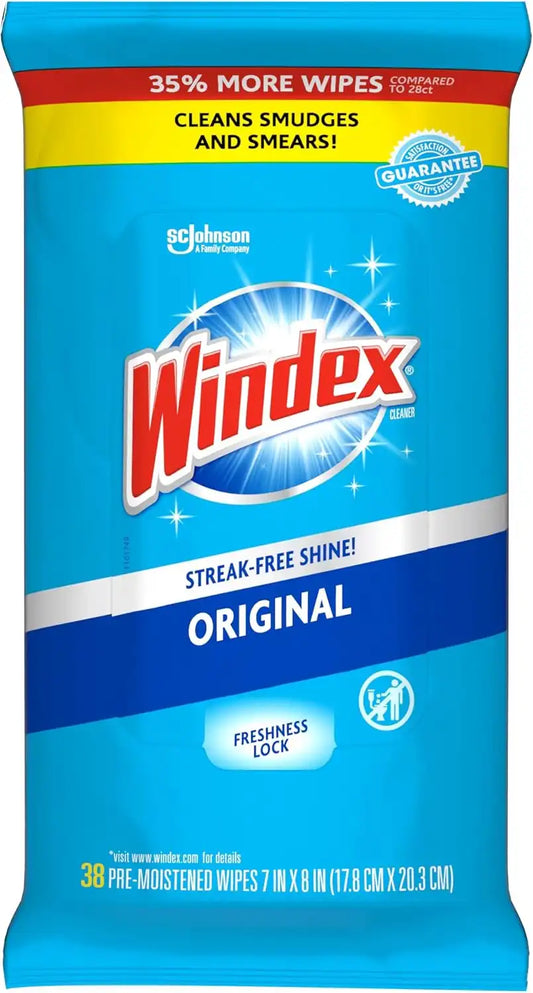 Windex Glass and Window Cleaner Wipes, Portable Cleaning, 38 Count