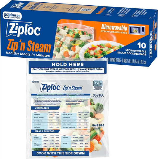 Ziploc Zip 'n Steam Food Storage Cartons for Meal Prep, Healthy Meals in Minutes, Microwave Safe, 10 Count