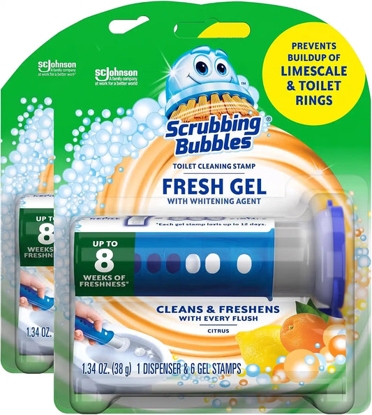 Scrubbing Bubbles Fresh Gel Toilet Bowl Cleaning Stamps, Helps Keep Toilet Clean and Helps Prevent Limescale & Rings, Citrus Scent, 1 Dispenser with 6 Fresh Gel Stamps (Pack of 2)