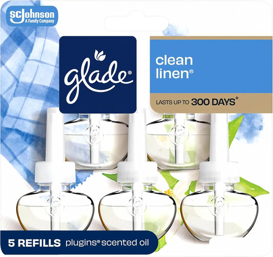 Glade PlugIns Refills Air Freshener, Scented and Essential Oils for Home and Bathroom, Clean Linen, 3.35 Fl Oz, 5 Count