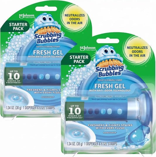 Scrubbing Bubbles Fresh Gel Toilet Bowl Cleaning Stamps, Helps Keep Toilet Clean and Helps Prevent Limescale & Rings, Rainshower Scent, 1 Dispenser with 6 Fresh Gel Stamps (Pack of 4)