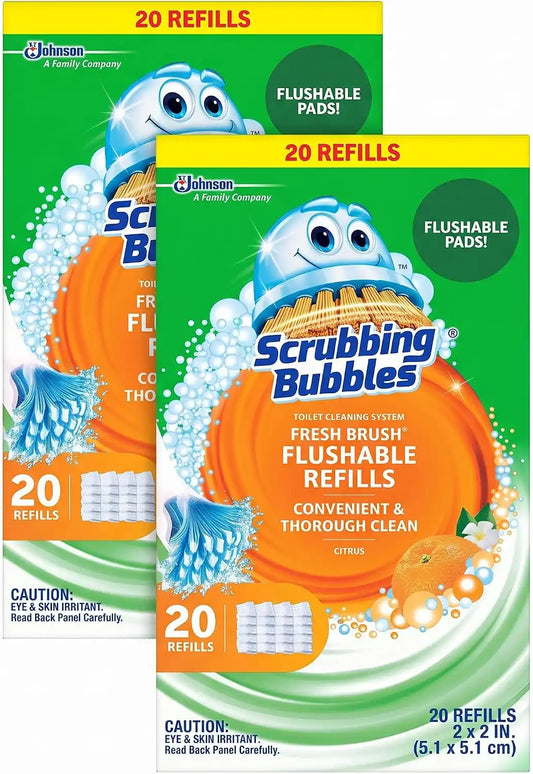Scrubbing Bubbles Flushable Toilet Bowl Wand Cleaner Refills, Fresh Brush Cleaner Toilet Refill Pads, Removes Limescale & Odors, Citrus Scent,20 Count (Pack of 4)