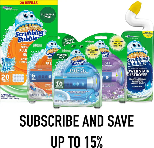 Scrubbing Bubbles Fresh Gel Toilet Bowl Cleaning Stamps, Helps Keep Toilet Clean and Helps Prevent Limescale & Rings, Rainshower Scent, 1 Dispenser with 6 Fresh Gel Stamps (Pack of 4)