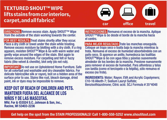 Shout Wipe & Go Instant Stain Remover Wipes, No Wash Required, Safe on Colorfast Washables, Travel & Baby Diaper Bag Essentials, Removes Grass, Coffee, Makeup & More, 12 Wipes (Pack of 12)