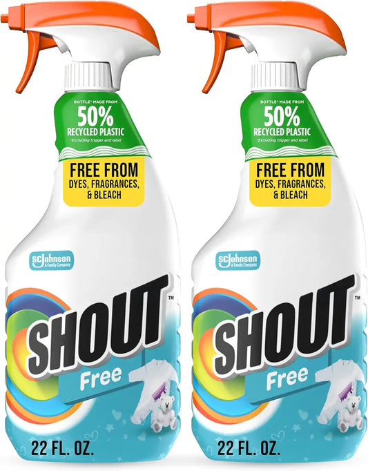 Shout Free Laundry Stain Remover Spray, Active Enzyme Formula is Fragrance, Bleach, and Dye Free, Removes Everyday Stains including Baby Stains - 22oz Spray (Pack of 2)