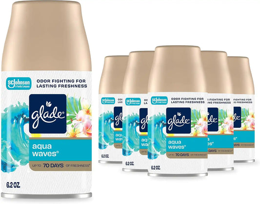 Glade Automatic Spray Refill, Air Freshener for Home and Bathroom, Aqua Waves, 6.2 Oz, 6 Count