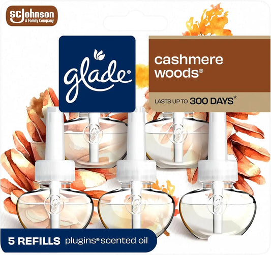 Glade PlugIns Refills Air Freshener, Scented and Essential Oils for Home and Bathroom, Cashmere Woods, 3.35 Fl Oz, 5 Count