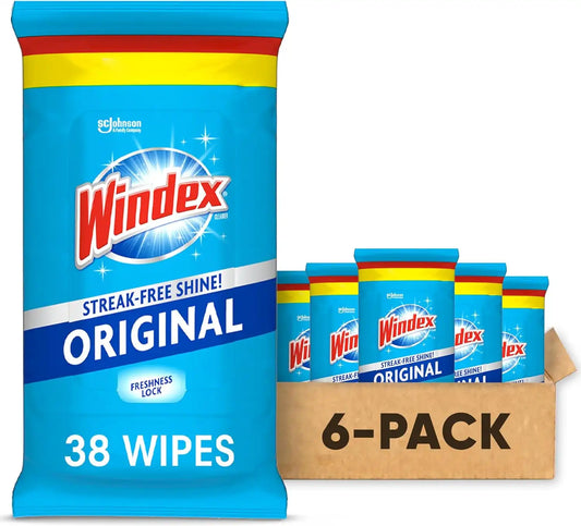Windex Glass and Window Cleaner Wipes, Portable Cleaning, 38 Count (6-Pack)