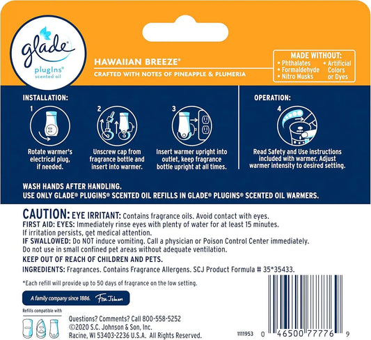 Glade PlugIns Refills Air Freshener, Scented and Essential Oils for Home and Bathroom, Hawaiian Breeze, 0.67 Fl Oz (Pack of 5)