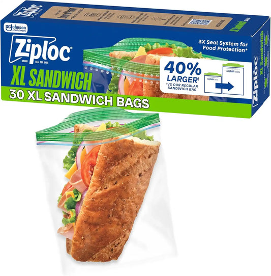 Ziploc XL Sandwich and Snack Bags, Easy Open and Close, Plastic Food Storage Bags, 30 Bags Total