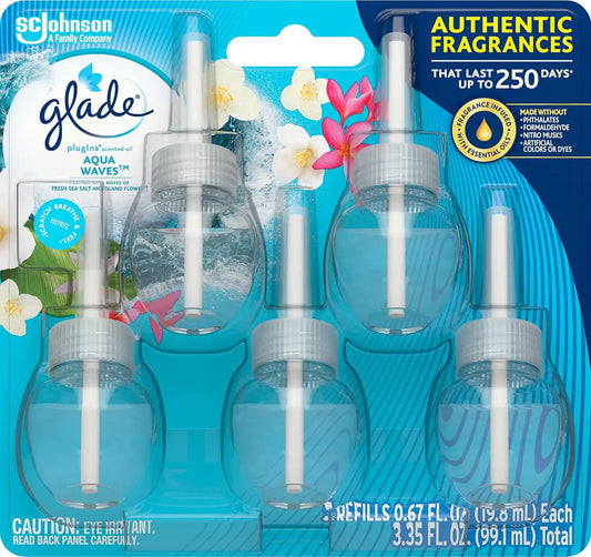 Glade PlugIns Air Freshener Refills, Aqua Waves, 5 Count