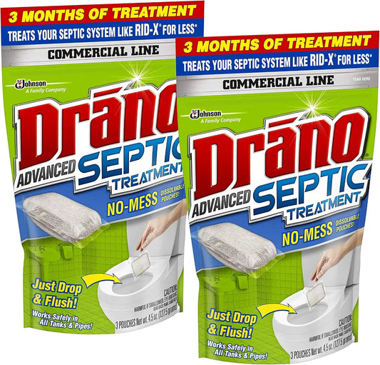 Drano Advanced Septic Tank Treatment, Prevents Septic Backup from Solid Waste, Paper, Oil, and Grease, 3 Pouches, 4.5 oz (Pack of 2)