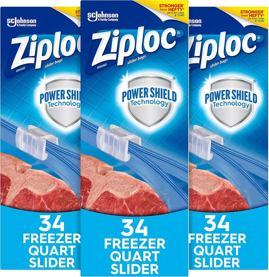 Ziploc Slider Freezer Bags with New Power Shield Technology, Quart, 34 Count, Pack of 3 (102 Total Bags)